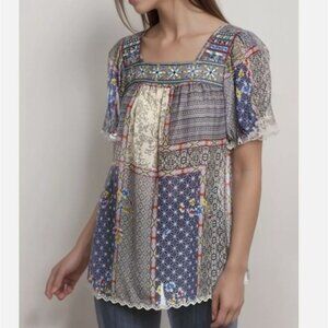 Johnny Was Kichica Padme Blouse Blue Embroidered Boho Tunic Top Plus 2X